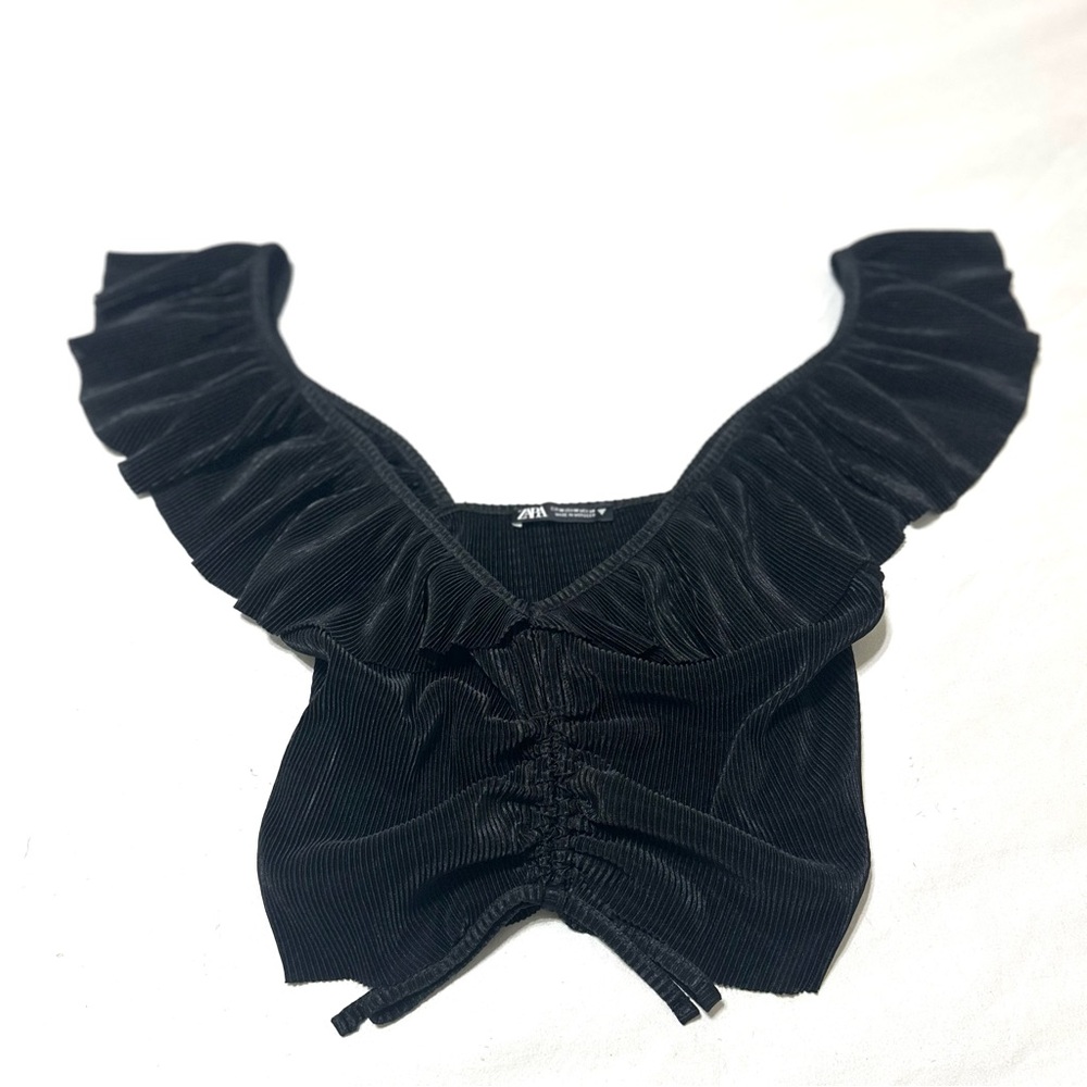Zara Women Top-Black -Plunge V Neck Ruffle Crop Fit Tank- Medium BNWOT- Sold Out